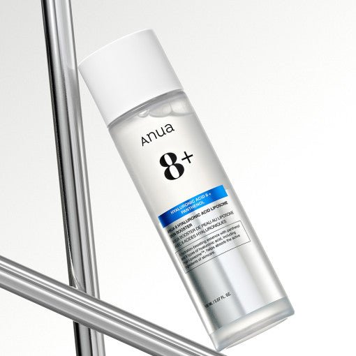 Clear cylindrical bottle with white cap containing hydrating skin booster lotion on reflective silver rods background
