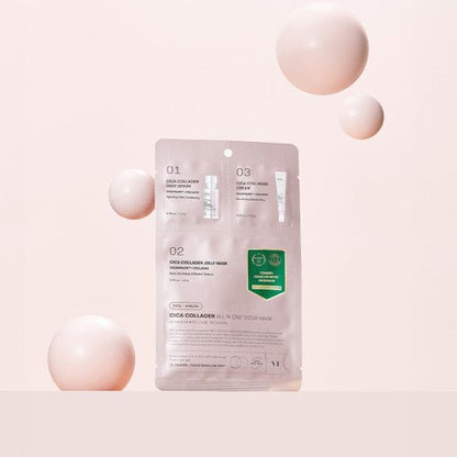 VT Cica Collagen All In One 3step Mask 1.5g+24g+1.5g package with soft beige spheres symbolizing restored elasticity benefits