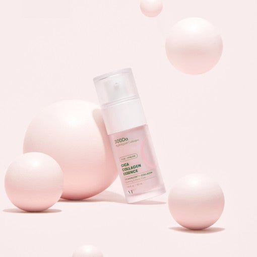 VT Cica Collagen Essence 30ml bottle in soft pink setting emphasizing skin tightening benefits and collagen boost