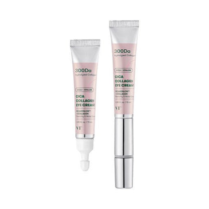 VT Cica Collagen Eye Cream Refill Only 15ml tube next to full-size silver-capped product focusing on restored elasticity benefits