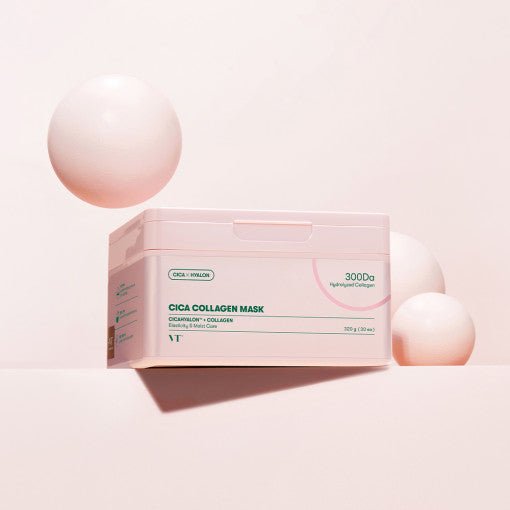 VT Cica Collagen Mask 320g 30ea in pastel pink packaging designed to tighten skin and boost collagen levels.