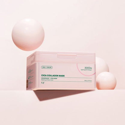 VT Cica Collagen Mask 320g 30ea in pastel pink packaging designed to tighten skin and boost collagen levels.