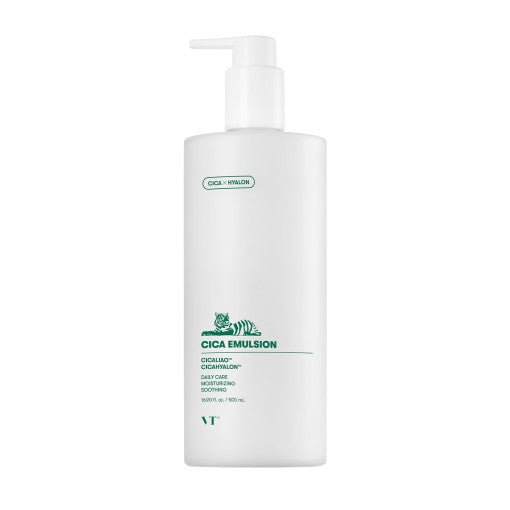 VT Cica Emulsion Jumbo 500ml white pump bottle designed for daily moisturizing and soothing skin care benefits