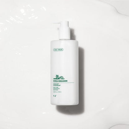 VT Cica Emulsion Jumbo 500ml in white pump bottle delivering deep moisturizing benefits for hydrated skin care routine