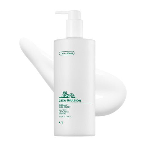 VT Cica Emulsion Jumbo 500ml in white bottle with pump delivering moisturizing and soothing skin care benefits