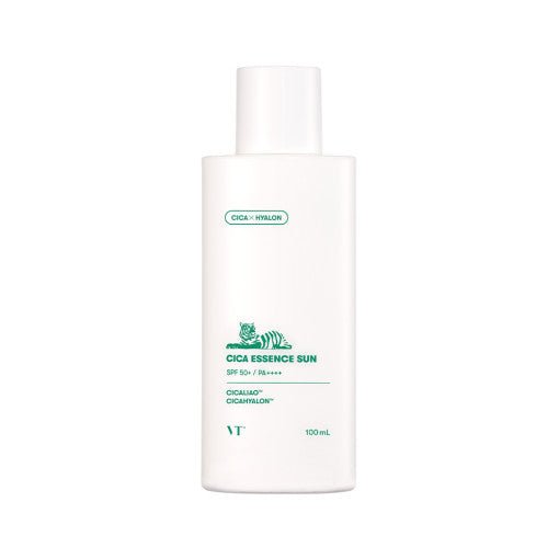 VT Cica Essence Sun 100ml SPF50+/PA++++ in white bottle with green text for advanced UV protection benefits