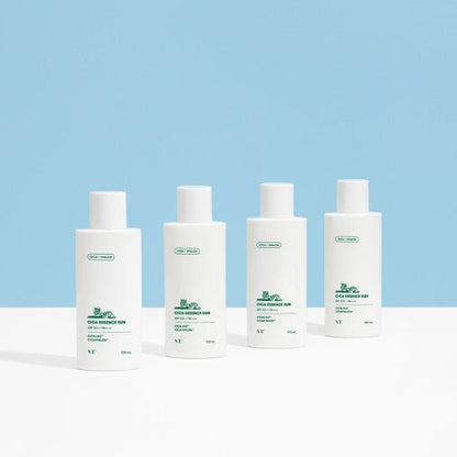 VT Cica Essence Sun 100ml SPF50+/PA++++ bottles arranged on white surface with blue background for UV protection