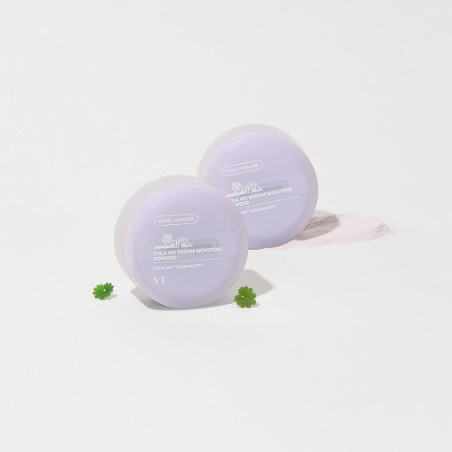 VT Cica No Sebum Moisture Powder 5g in pastel purple containers highlighting oil control benefits for a matte finish