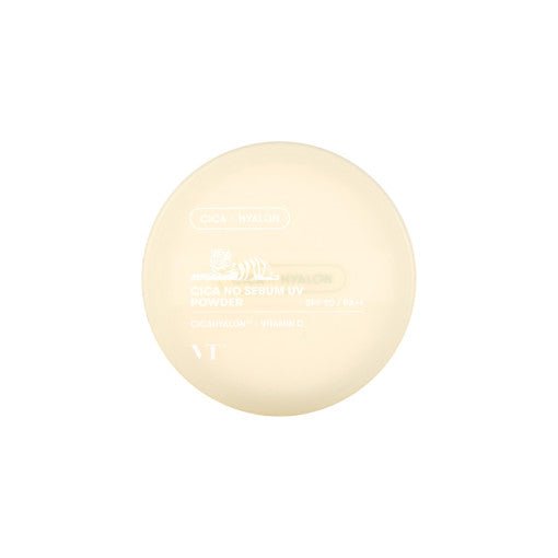 VT Cica No Sebum UV Powder 5g with SPF protection in a round, pale beige compact for a matte finish.