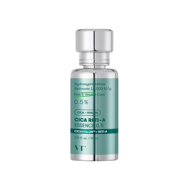 VT Cica Reti-A Essence 0.5 30ml in silver and green bottle for wrinkle reduction and pore care benefits