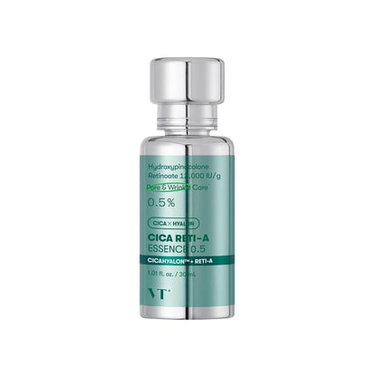 VT Cica Reti-A Essence 0.5 30ml in silver and green bottle for wrinkle reduction and pore care benefits