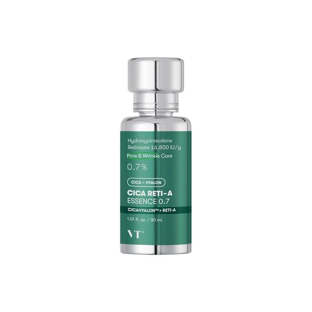 VT Cica Reti-A Essence 0.7 30ml in silver bottle with green label for pore refinement and wrinkle care serum