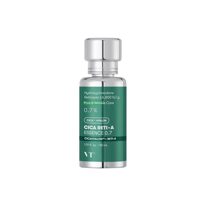 VT Cica Reti-A Essence 0.7 30ml in silver bottle with green label for pore refinement and wrinkle care serum