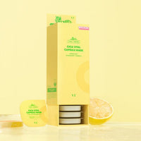 VT Cica Vital Capsule Mask Set (7.5g x 10EA) in yellow packaging with hydration boost and fresh citrus slice background