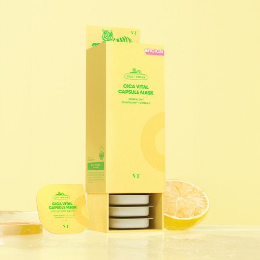 VT Cica Vital Capsule Mask Set (7.5g x 10EA) in yellow packaging with hydration boost and fresh citrus slice background