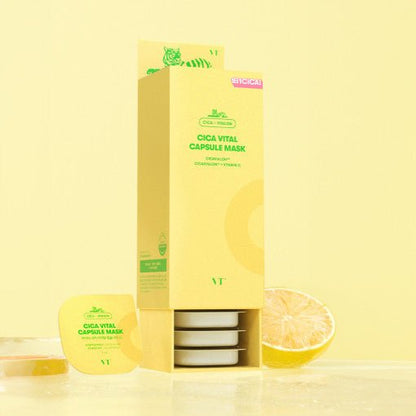 VT Cica Vital Capsule Mask Set (7.5g x 10EA) in yellow packaging with hydration boost and fresh citrus slice background