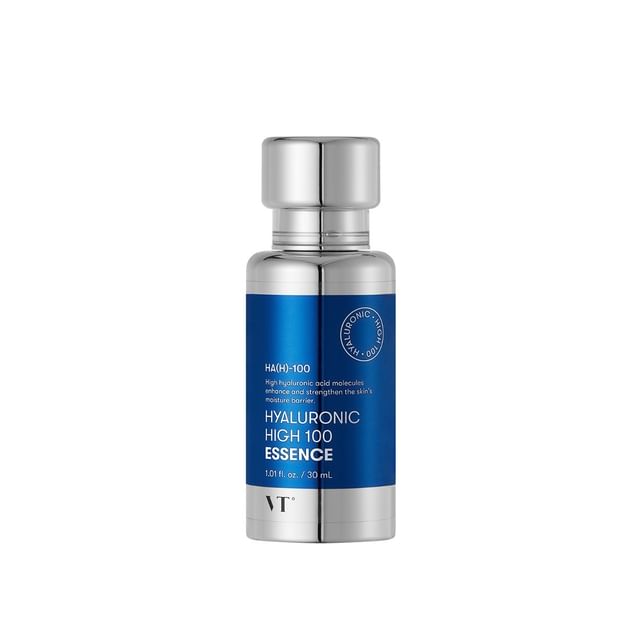 VT Hyaluronic High 100 Essence 30ml in silver and blue bottle designed for intense moisture retention benefits