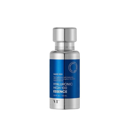 VT Hyaluronic High 100 Essence 30ml in silver and blue bottle designed for intense moisture retention benefits