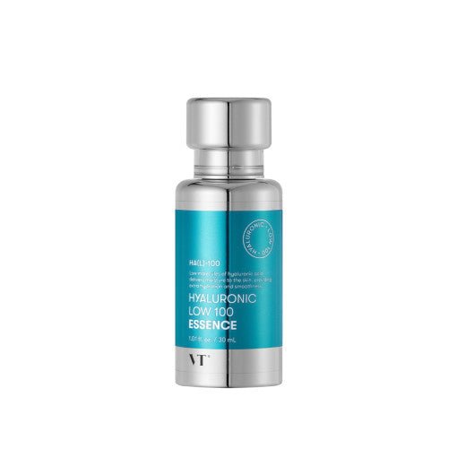 VT Hyaluronic Low 100 Essence 30ml in blue and silver bottle delivering deep moisture benefits for skin hydration