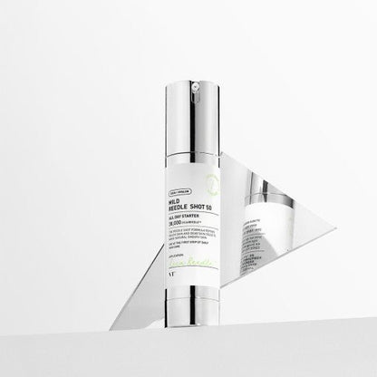 VT Mild Reedle Shot 50 50ml in sleek silver and white pump bottle with enhanced absorption formula for skin care benefits