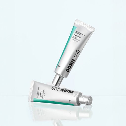 VT PDRN Cream 100 50ml tubes with open cap, showcasing smooth texture and elasticity boosting benefits