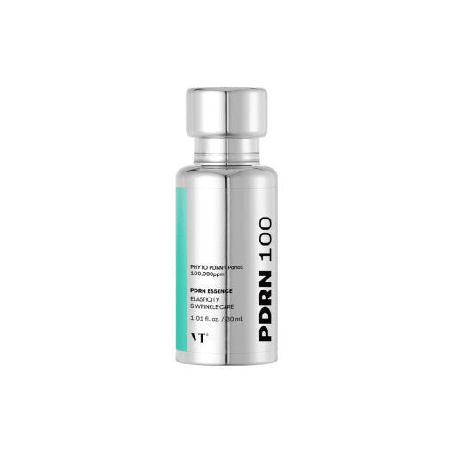 VT PDRN Essence 100 30ml in reflective silver bottle promoting radiant glow and skin elasticity benefits