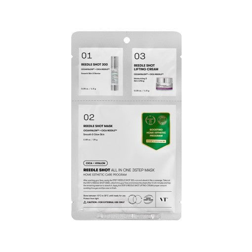 VT Reedle Shot All In One 3 Step Mask 1.5g+25g+1.5g white packaging with step labels promoting intense hydration benefits