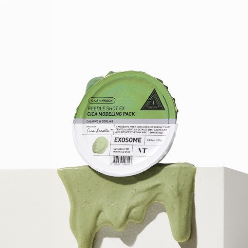 VT Reedle Shot EX Cica Modeling Pack 25g in green and white container for calming and soothing skin benefits