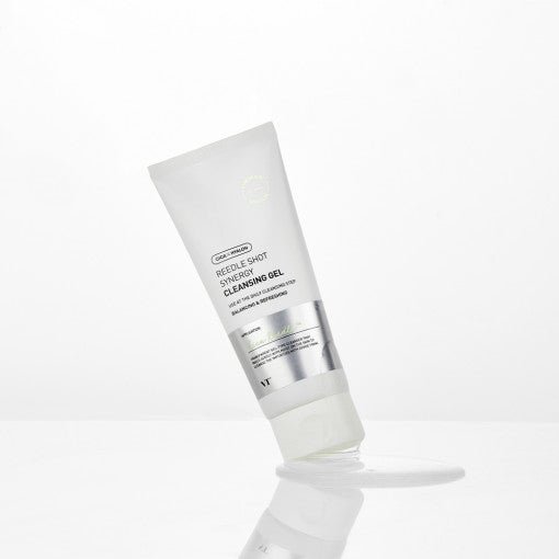 VT Reedle Shot Synergy Cleansing Gel 150ml in white tube with silver accents for gentle cleansing and skin refreshment