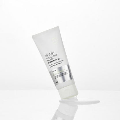 VT Reedle Shot Synergy Cleansing Gel 150ml in white tube with silver accents for gentle cleansing and skin refreshment