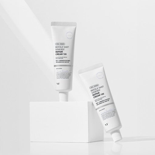 VT Reedle Shot Synergy Repair Cream 100 50ml in white tubes focused on improving skin texture and repair benefits