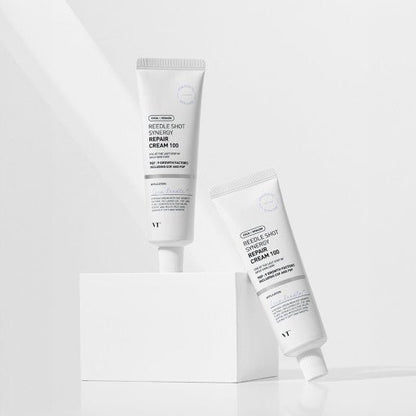 VT Reedle Shot Synergy Repair Cream 100 50ml in white tubes focused on improving skin texture and repair benefits