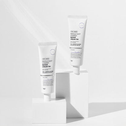 VT Reedle Shot Synergy Repair Cream 700 50ml tubes displayed on white blocks highlighting improved texture benefits