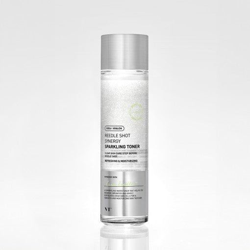 VT Reedle Shot Synergy Sparkling Toner 150ml in clear bottle with silver cap offering purifying action and refreshing hydration