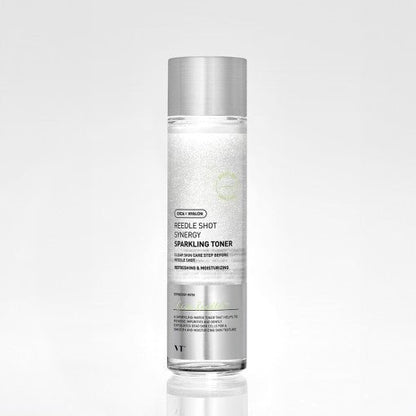 VT Reedle Shot Synergy Sparkling Toner 150ml in clear bottle with silver cap offering purifying action and refreshing hydration