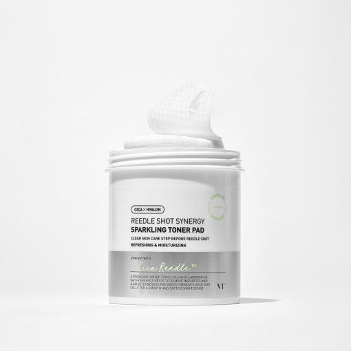 VT Reedle Shot Synergy Sparkling Toner Pad 80ea / 200ml in white jar with textured pads offering even skin benefits