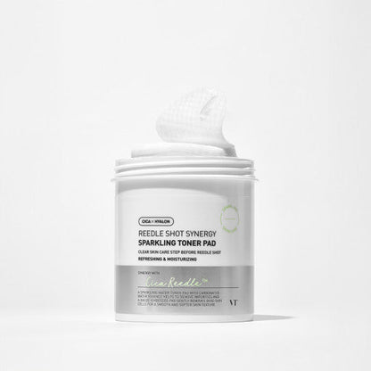 VT Reedle Shot Synergy Sparkling Toner Pad 80ea / 200ml in white jar with textured pads offering even skin benefits