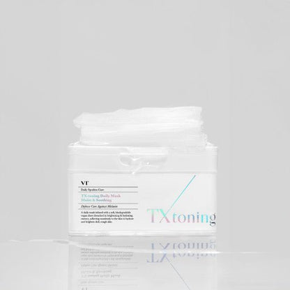 VT TX-toning Daily Mask 320g (30ea) in white container with mask sheets, providing radiance boost and soothing care.