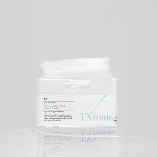 VT TX-toning Daily Mask 320g (30ea) in clear container with white sheet masks, featuring radiance boost and soothing care benefits