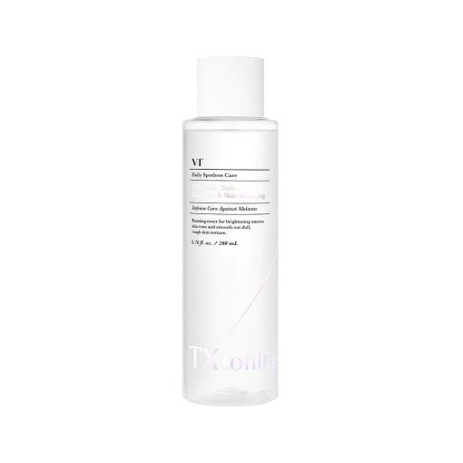 Clear bottle of VT TX-toning Toner 200ml with white cap designed for gentle brightening skincare routine