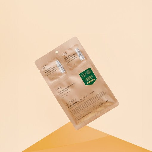 VT Vita-Light All In One 3step Mask 1.5g+24g+1.5g displayed in beige package with brightening skin care benefits