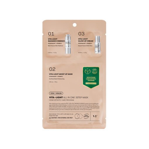 VT Vita-Light All In One 3step Mask 1.5g+24g+1.5g in beige packaging with brightening essence and cream benefits