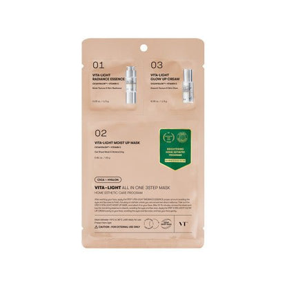 VT Vita-Light All In One 3step Mask 1.5g+24g+1.5g in beige packaging with brightening essence and cream benefits