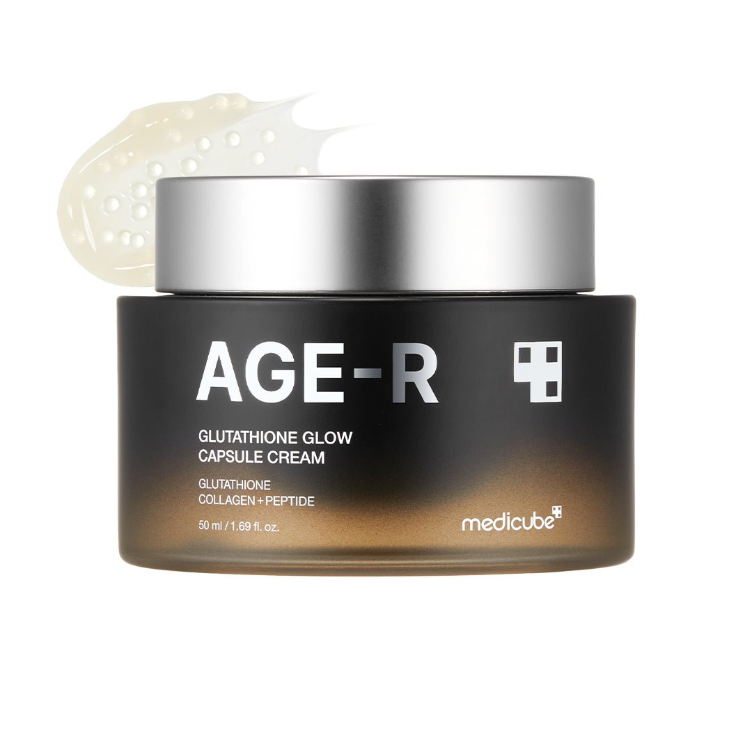 medicube AGE-R Glutathione Glow Capsule Cream 50ml jar with smooth cream swatch showcasing radiant skin benefits