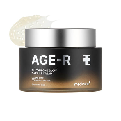 medicube AGE-R Glutathione Glow Capsule Cream 50ml jar with smooth cream swatch showcasing radiant skin benefits