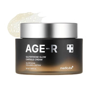 medicube AGE-R Glutathione Glow Capsule Cream 50ml in dark frosted jar with silver lid and creamy glow texture