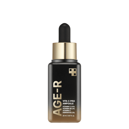 medicube AGE-R Vita C Pro Ampoule 20ml black and gold bottle with dropper for brightening skincare benefits
