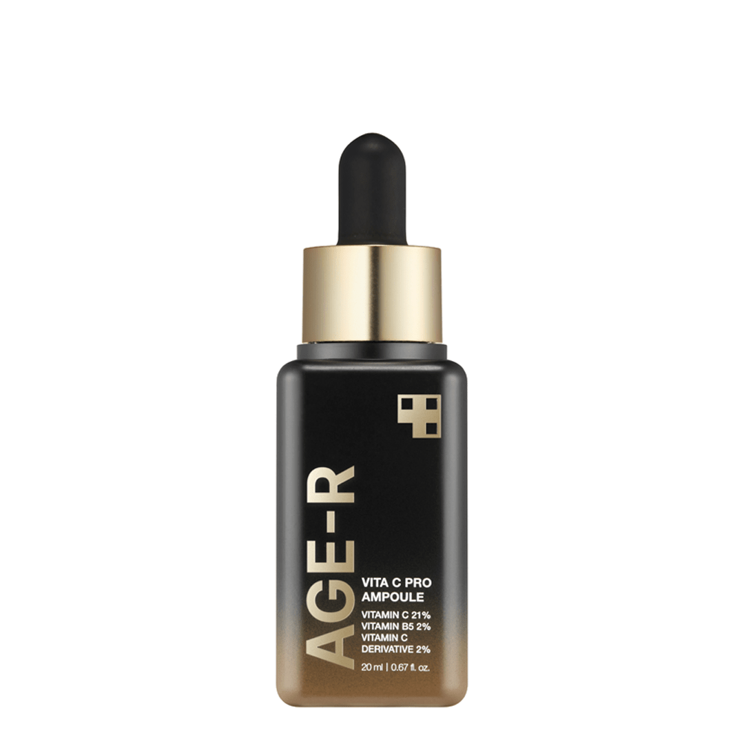 medicube AGE-R Vita C Pro Ampoule 20ml black and gold serum bottle emphasizing brightening skincare benefits