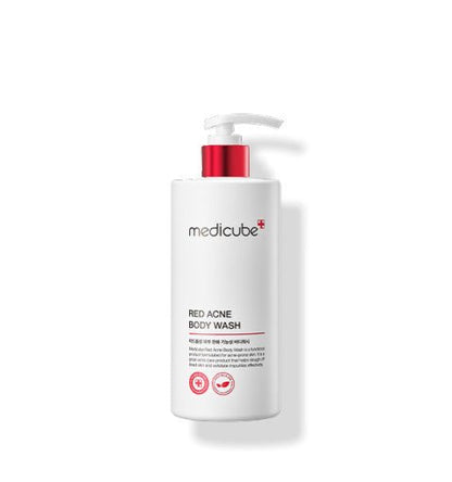 medicube Red Acne Body Wash 400g in white pump bottle designed for effective acne treatment on body skin