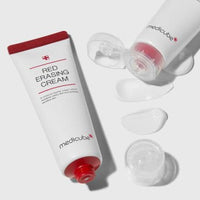 medicube Red Erasing Cream 50ml tubes with smooth white cream swatches emphasizing hyperpigmentation reduction benefits